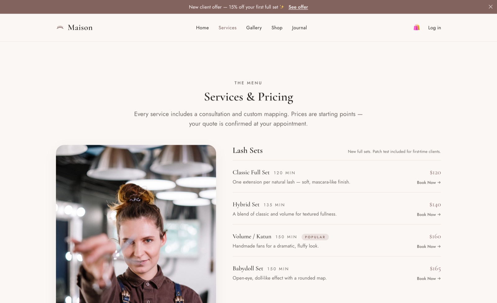 Maison service menu page with grouped services, pricing and durations