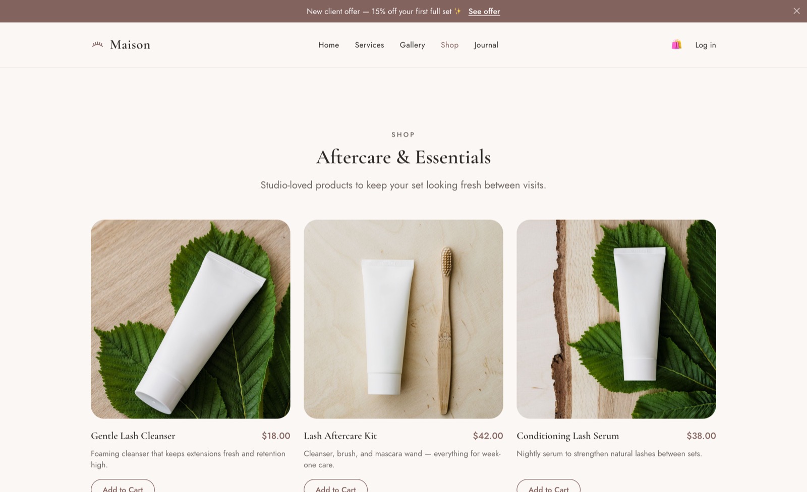 Maison shop page selling aftercare products and gift cards