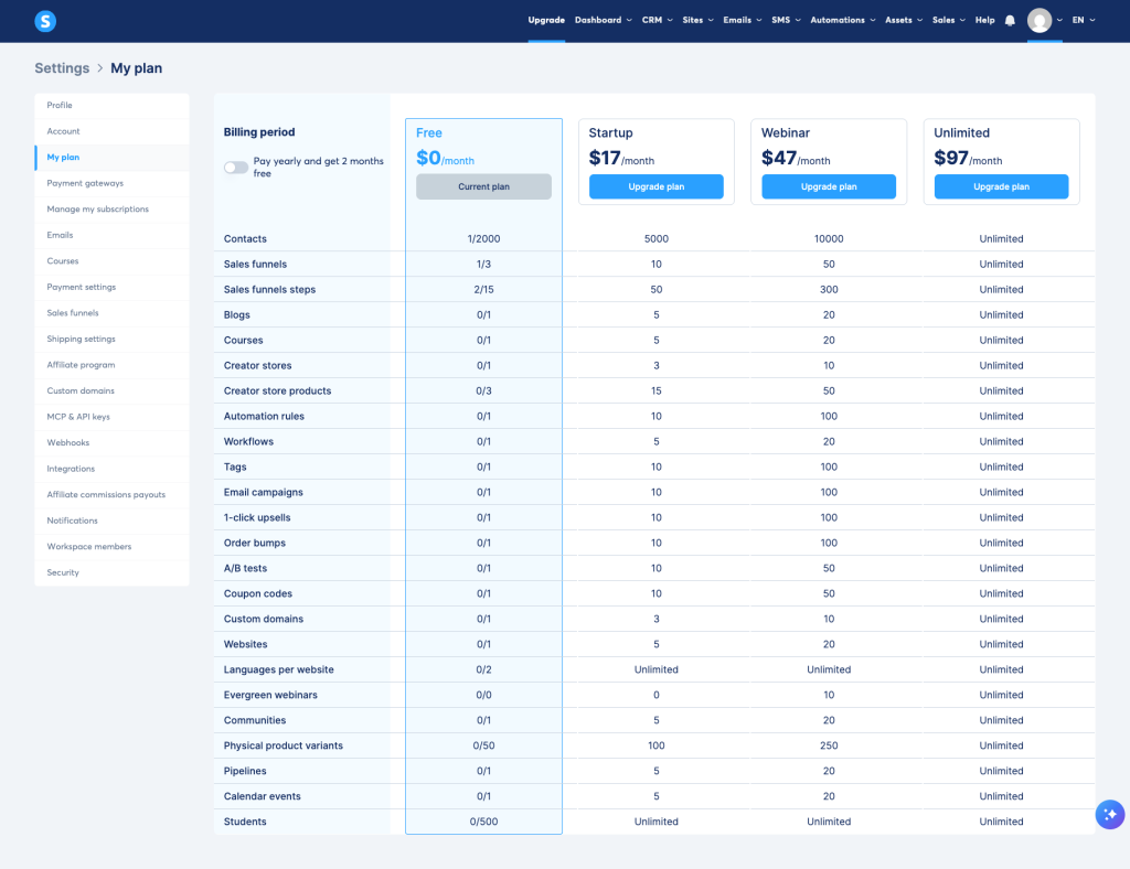 Systeme.io free plan limits shown in my account
