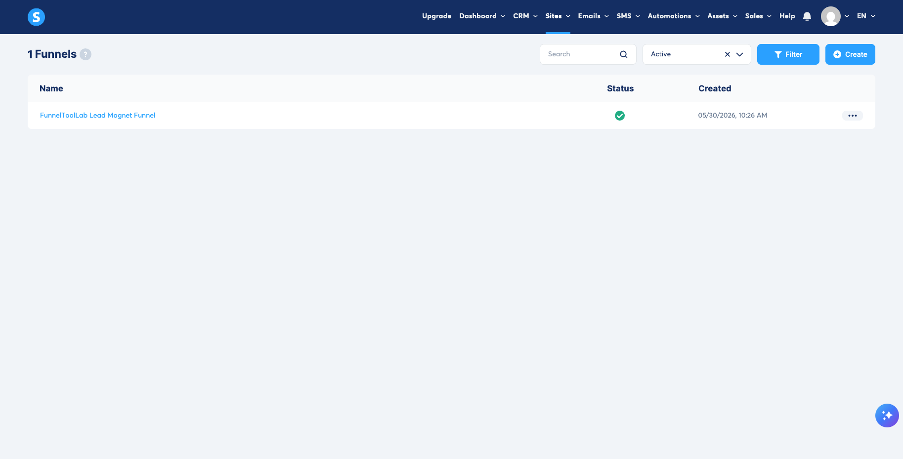 Systeme.io funnel list showing FunnelToolLab Lead Magnet Funnel, status Active