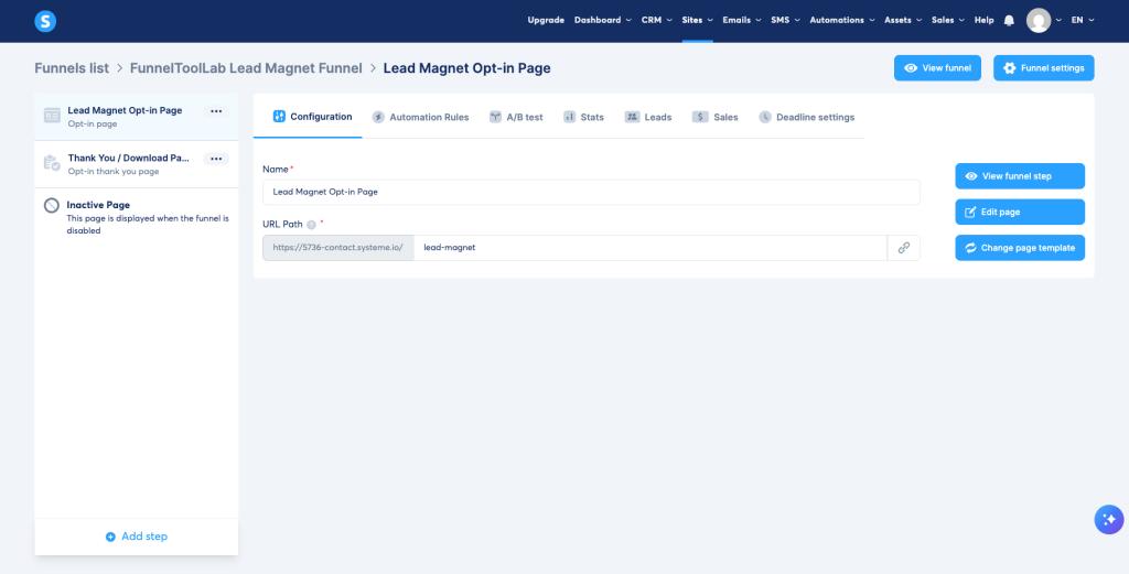 Systeme.io funnel steps: opt-in page and thank-you page created automatically