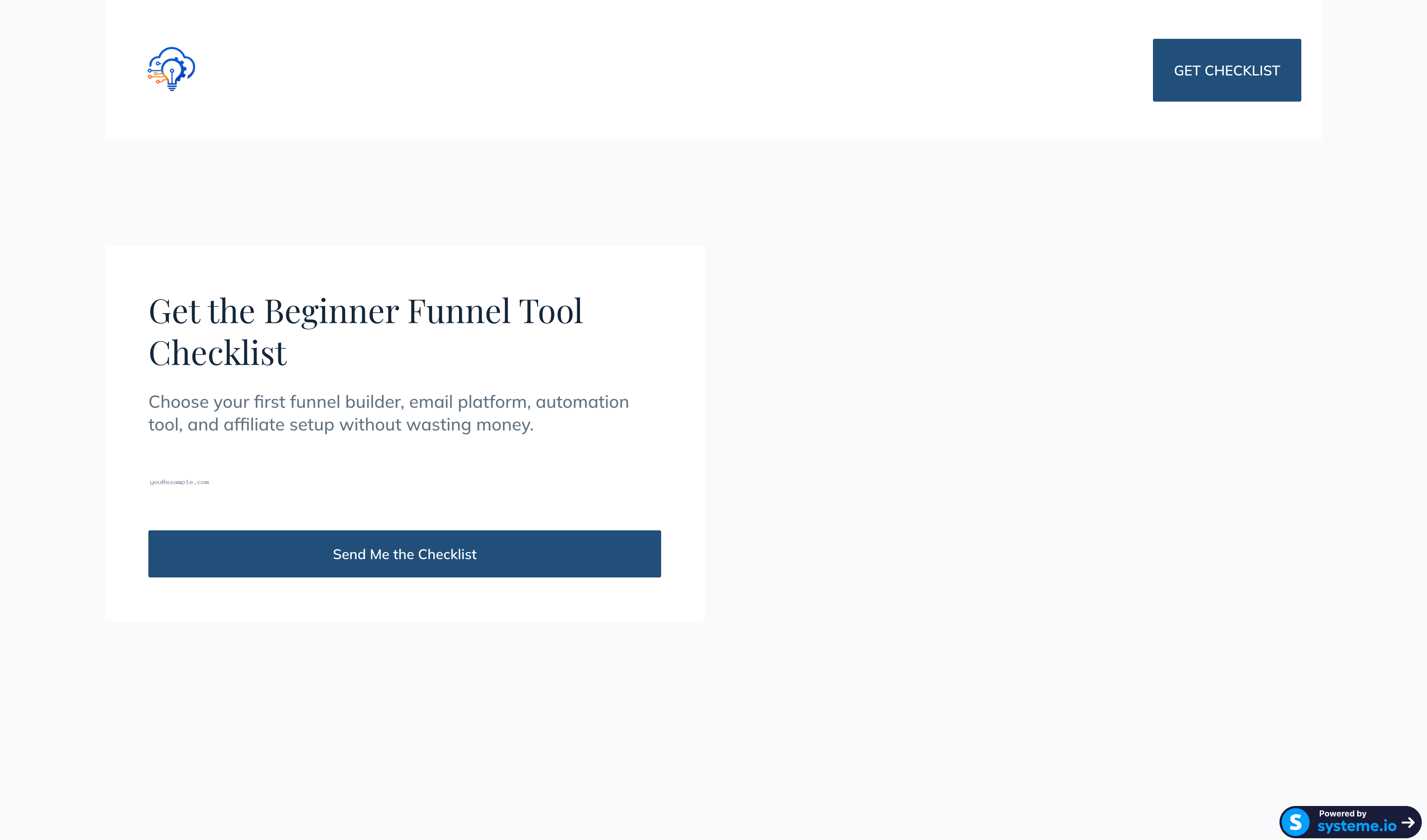 Opt-in page built on Systeme.io free plan: Get the Beginner Funnel Tool Checklist