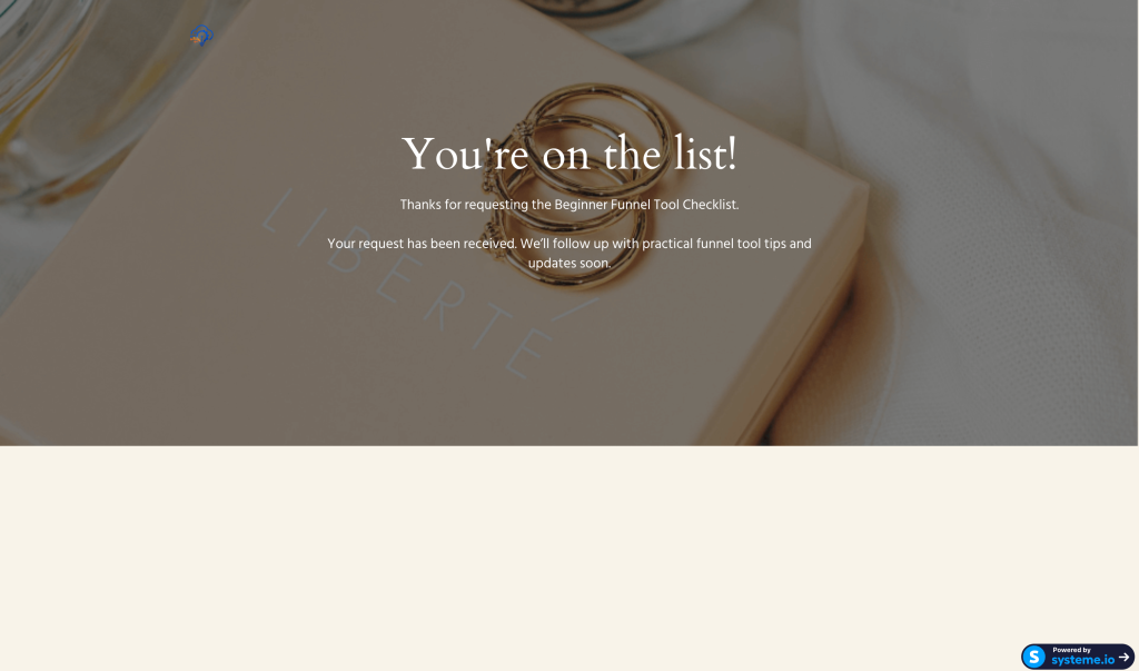 The thank-you page confirming the signup and delivering the freebie
