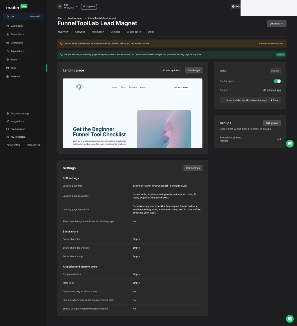 MailerLite landing page settings panel showing SEO fields, search indexing set to No, free subdomain, and the sender-domain verification warning